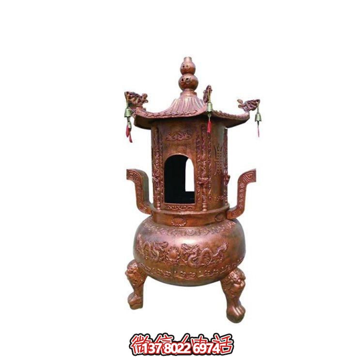 純銅香爐四柱舍利塔，裝飾寺院舍利