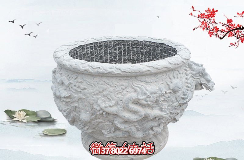 漢白玉石雕龍浮雕水缸雕塑，為庭院增添優雅氣息